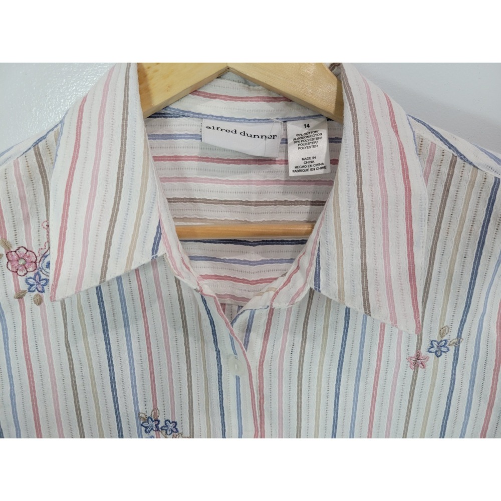 Alfred Dunner Womens Striped Floral Embroidered Button Down Shirt Size 14 - Picture 3 of 7